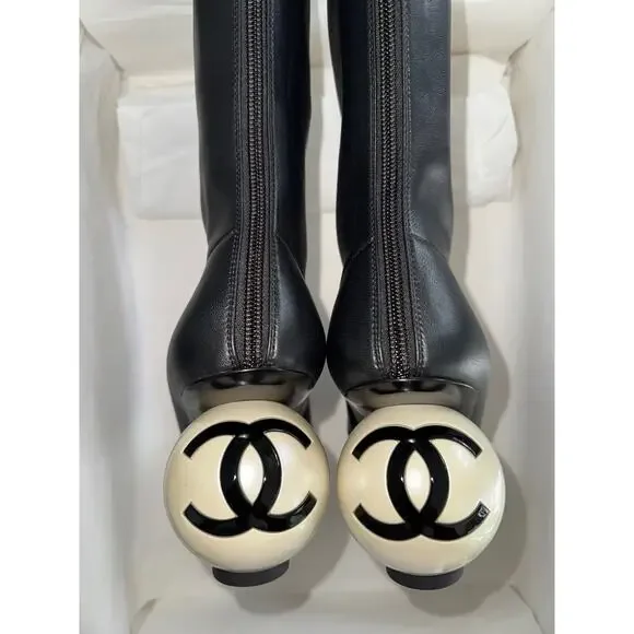 Chanel 25K Black White Pearl Ball Heel CC Logo Stretch Leather Calf Boots 37.5 - Picture 6 of 16